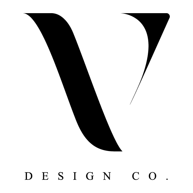 Large black letter "V" with the words "Design Co." written in black underneath.