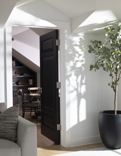 A half-open black door in a modern, sunlit room leads to a space with a bookshelf and a table. A potted plant sits next to a gray sofa.